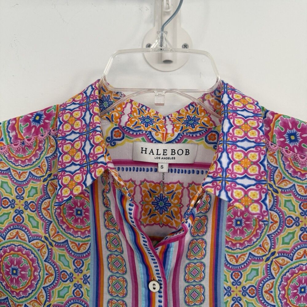Hale Bob Trinia Medallion Print Cotton Button Front Blouse Bishop Sleeves Size S - Picture 3 of 13